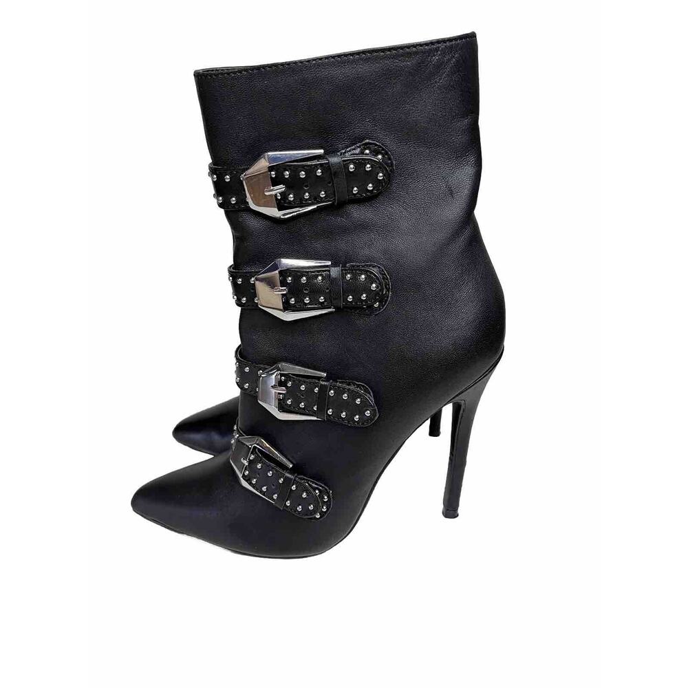 Steve Madden Daryl Heeled Bootie Black Leather Side Zip Buckle Accent Size 7.5